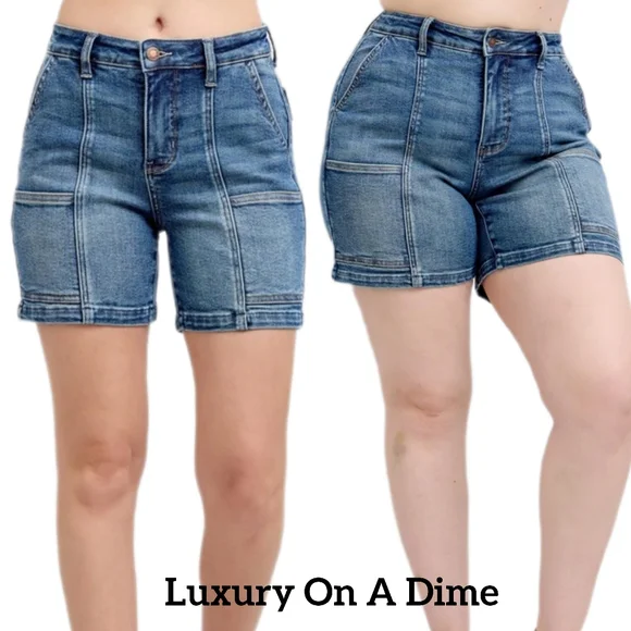 Judy Blue High Rise Denim Mid-Length Enevlope Pockets Slim Fit Jean Shorts